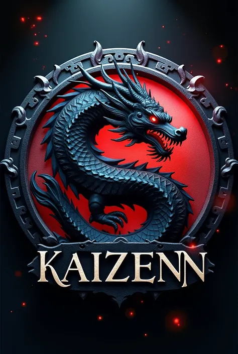 create a round inscription logo in dark, shiny colors with a magical effect then title the text "KAIZENN" with a unique font text that has horror elements and the title can be seen clearly. In it there is a long Chinese black dragon that is fierce and scar...