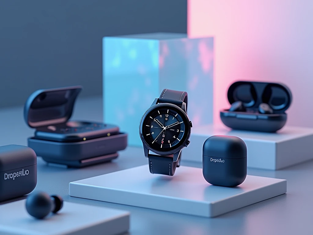 a picture which represent smart watches earbuds tech and gadgets brand name DrapesDuo on the left written according to banner for website want decent