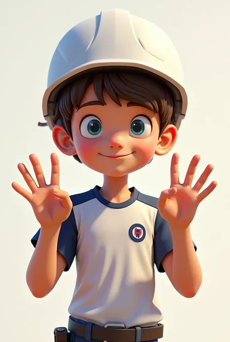 Boy cute engineer with little muscle wearing white helmet white dark blue collared T-shirt with LH-Decor initials logo light blue eyes, chocolate colored hair looking straight ahead  to Raise both hands Fingers together your nose.