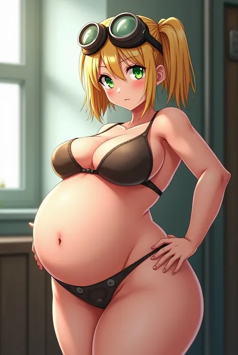 Anime girl huge breasts blonde short pigtails green eyes engineer goggles  underwear overweight very fat pregnant
