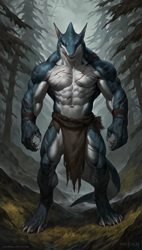 Muscular anthro shark, solo, fighter, scars on body, 1male solo, small waist, thick shark tail, marked detailed jaws, pants with loincloth, full body, comicbook style, best quality, 4k, ultra-detailed, by laobai, by taran fiddler, by honovy, by null-ghost,...