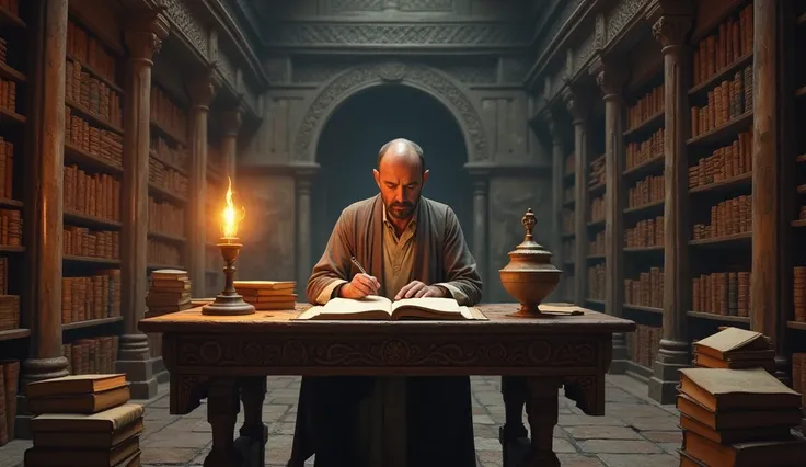 2. An ancient library filled with scrolls and books, with a scholar sitting by a wooden desk, oil lamps glowing softly in the dim light.

The scene in the picture was taken 1500 years ago