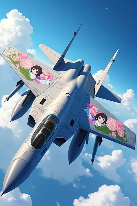 Draw cute detailed animated images on the surface of the F15 fighter aircraft、Draw on the aircraft with wrapping art depicting detailed Japanese anime girls