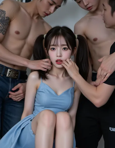 NSFW, dynamic,
realistic, Press photo, Documentary Technique, Very clear image,HDR,
(full body visible:1.5), 

1girl, 3guy,

A Korean beauty idol is captured by a korean gang and surrounded by men who look like theyre ruthless,
The girls are smaller than t...