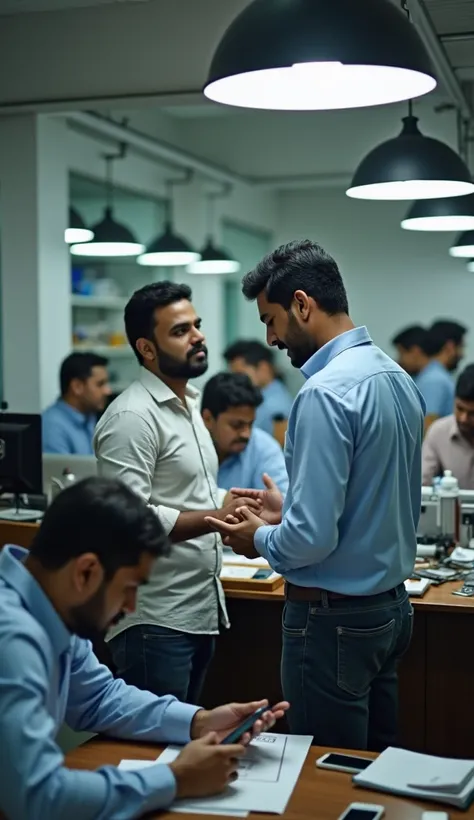 A wide-frame view of a bustling mobile service center in India. Technicians are seated at workstations, focused on repairing mobile phones. In the foreground, a frustrated client is angrily talking to one of the technicians, gesturing with irritation. The ...