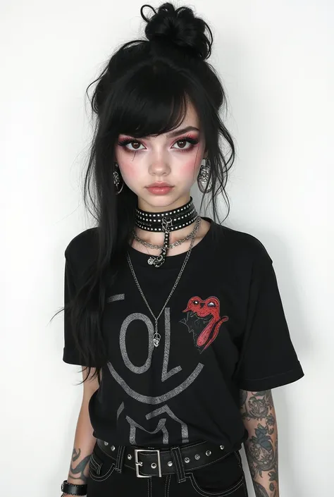 A girl wearing clothes like emo punk style, standing against white background ,  exposing confident and slightly edgy expressions ,