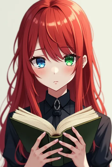 Emotionless anime girl holding a book in her hands.  long red hair ,  different-colored eyes ,  freckles on face . 