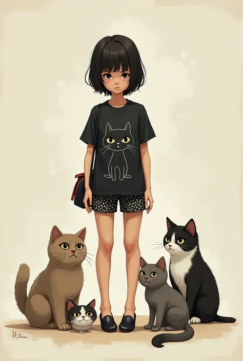 ( do you have a future squirrel raccoon cat)(I have short black hair )( slim) (black and sad eyes)( that she is happy )( black shirt with short sleeves a drawing of a cat)(short shorts)(I had black with white spots ) ( a bag on the side of a cat )(Realisti...