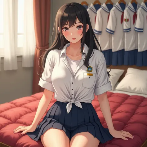 A beautiful cutie big breasts(((voluptuous curves,radiance skin)))lovely(((Japanese schoolgirl))) confidently (((made))) a fashion statement after school, in her bright warm light cozy bedroom, by tying the bottom hem of her bright white uniform shirt. Her...