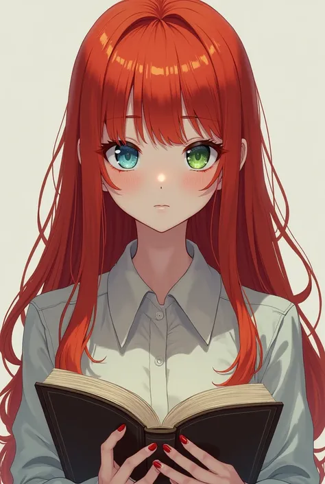 Emotionless anime girl holding a book in her hands.  long red hair ,  different-colored eyes ,  freckles on face . 