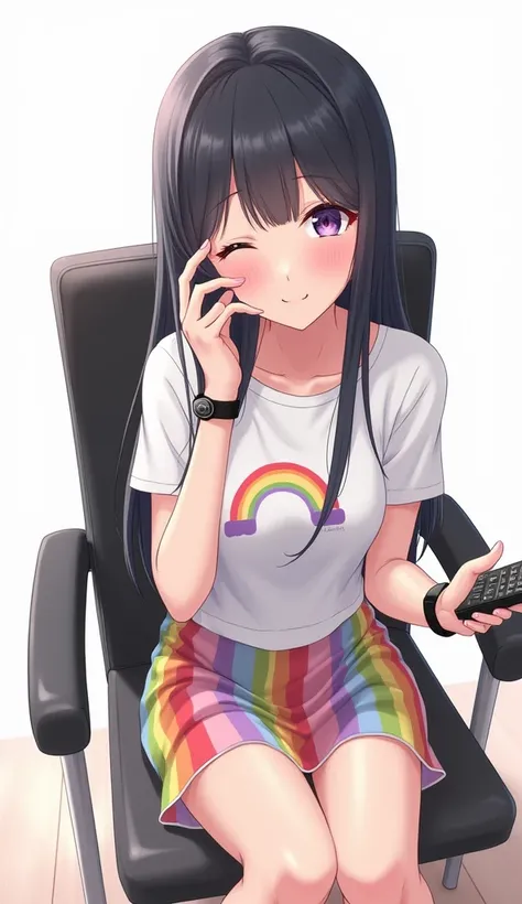 Japanese teenage anime woman with long black hair and purple eyes and with pink nails and wearing a white t-shirt, short sleeves with a rainbow logo in the middle of her chest and with a black watch, and she wears a horizontal rainbow skirt and also a pink...