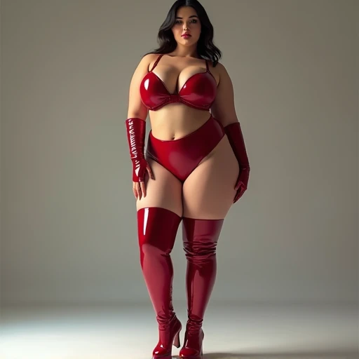 Big boobs, big ass,
Red leather bra, red leather panties, over knee high heel leather boots, long leather gloves, full height, sexy pose.