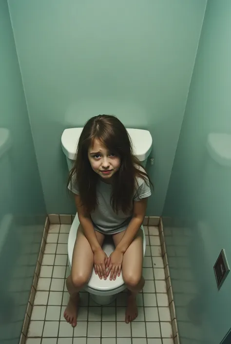  in a private room in a public restroom、Photograph of a girl with diarrhea sitting on the toilet bowl with her pants down from above in a private room