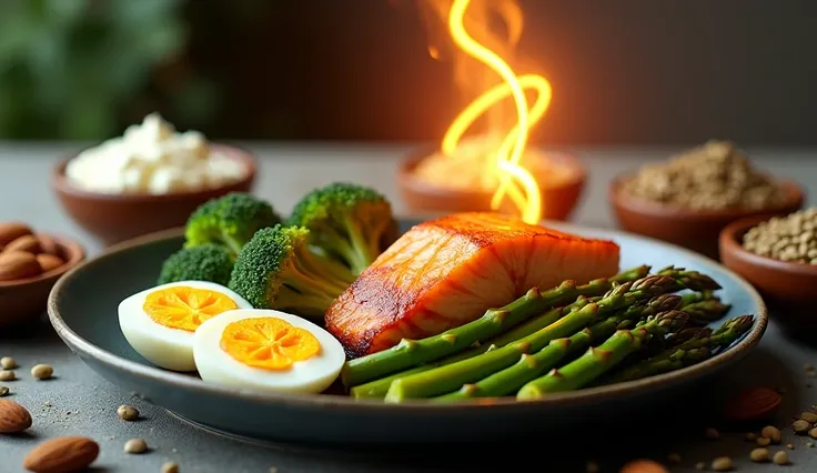 art photo, a balanced and dynamic representation of protein intake supporting efficient fat loss while maintaining metabolism. At the center, a plate of high-protein foods features grilled chicken breast, a perfectly seared salmon fillet, and boiled eggs, ...