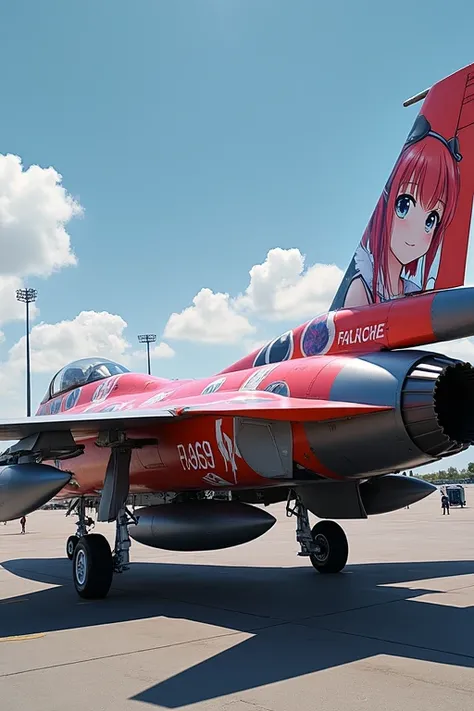 Draw cute detailed animated images on the surface of the F15 fighter aircraft、Draw on the aircraft with wrapping art depicting detailed Japanese anime girls、 A cute girl with red hair and a twin-tail hairstyle is drawn with wrapping art、Picture that looks ...