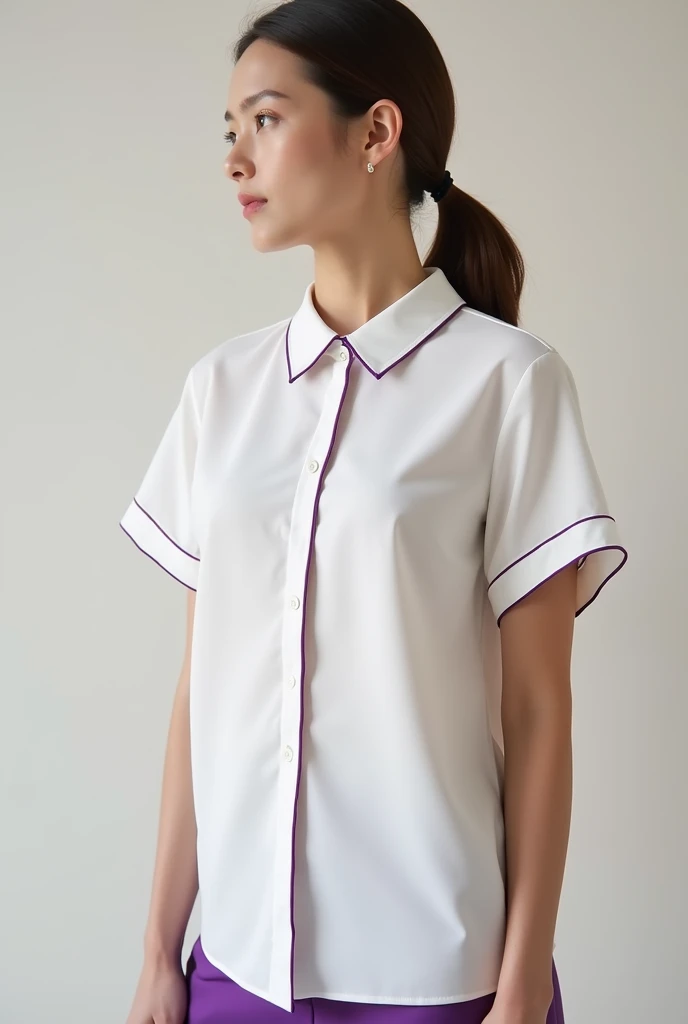 Create an image of a white short sleeved blouse with a purple lining at the collar and purple lining down the buttons and along the sleeves