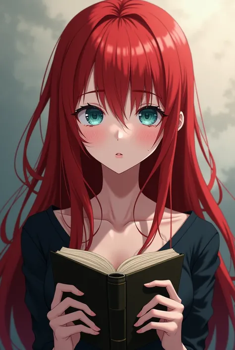 Emotionless anime girl holding a book in her hands.  long red hair ,  different-colored eyes ,  birthmark under the eye . 