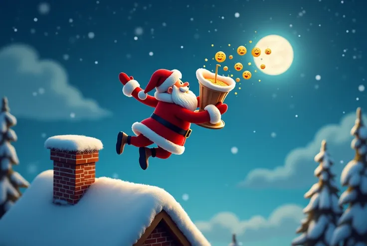 Carafe flying over the roof with a chimney and chimney cap,  Christmas Night,  under a quiet night sky, 🕹️ 😎 🔫 🤖 🚬, Santa, snowy winter  Christmas Night,  Moonlight Snow ,  profile picture ,  close-up photo , Arctic, 256x256, 2 5 6 x 2 5 6, 🤬 🤮 💕 🎀