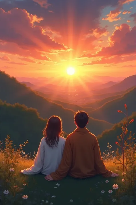 Two people sitting together by seeing sunset from hill by wearing white and brown jacket