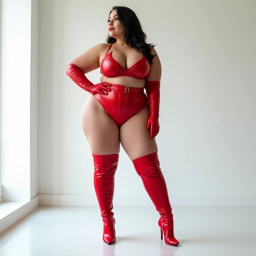 Big boobs, big ass,
Red leather bra, red leather panties, over knee high heel leather boots, long leather gloves, standing in a white floor againts white wall sexy pose.