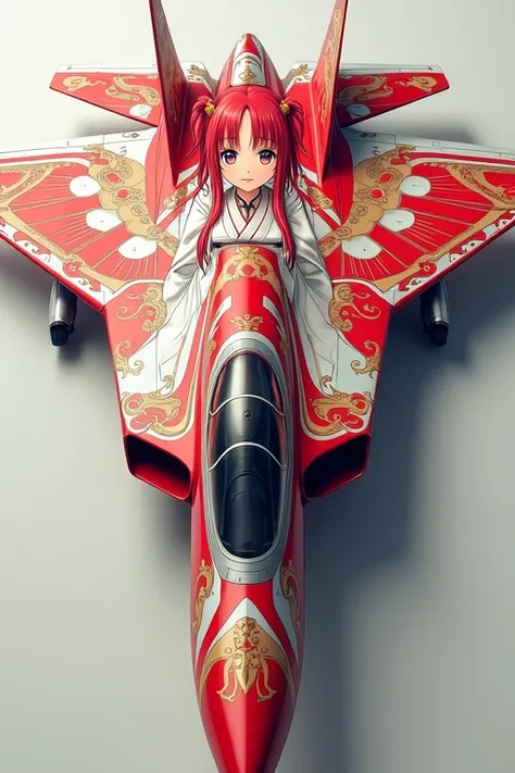 Draw cute detailed animated images on the surface of the  fighter aircraft、Stealth fighter 、Draw on the aircraft with wrapping art depicting detailed Japanese anime girls、 A cute girl with red hair and a twin-tail hairstyle is drawn with wrapping art、Pictu...