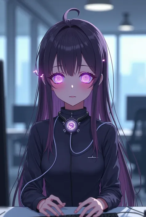 high quality, 8k ultra,HD. Young Anime lady with circular purple white spiral eyes with long hair wearing an office dress sits in an interview room in the office and around her neck is paired a device connected to a computer and on her head is paired a cor...