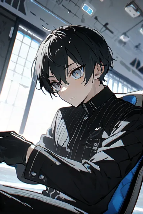 One Man, Young man,男らShii,Fair skin, black hair,Rin々Shii, handsome, is cool,Black clothing,Short Hair,bangs,cool, No Emotion, gray eyes,school uniform,Black uniform,indoor, Gaming Chair, Gaming Chairに座っている,black gloves, top quality,  high definition , unit...