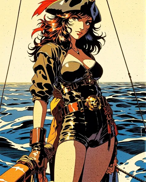 Art style by H. R. Giger, Art Style by Moebius, 


A striking female Arabian pirate, her beautiful face framed by a pirate hat tipped at a jaunty angle, revealing wavy black hair that cascades down to her mid-back. The hat adorned with a crimson feather an...