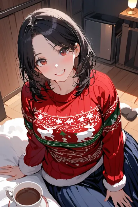 (masterpiece, best quality:1.2), 1 girl, unique, mature woman, wife, homely, home, Christmas sweater, long skirt, slippers, cup of hot cocoa, long black hair parted sideways, smile, welcoming, happy, looking at viewer in anticipation