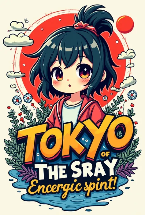 Make me a Tshirt drawn a tokyo cartoon with beautiful letters in it and the tshirt logo should not have a background