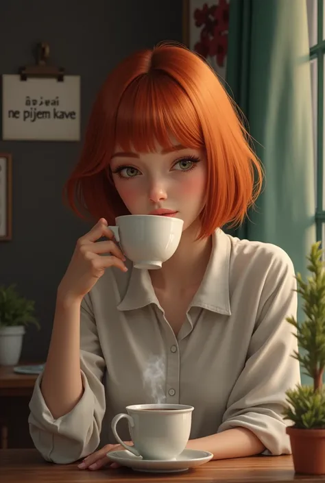 Ginger woman (short straight hair), drinking black tea with milk, behind her is a sign saying: “NE PIJEM KAVE”