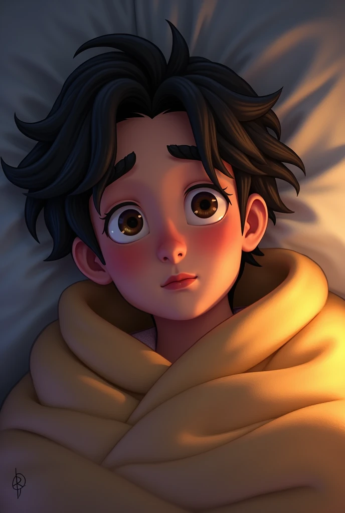 Rafi is still in bed, wrapped in a blanket. His eyes are open, and he looks conflicted—wanting to get up but unable to overcome his laziness.