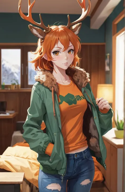 furry, indoors, solo, deer, antlers, orange hair, green jacket, brown fur, blue t-shirt, jeans, small breasts, messy hair, brown fur