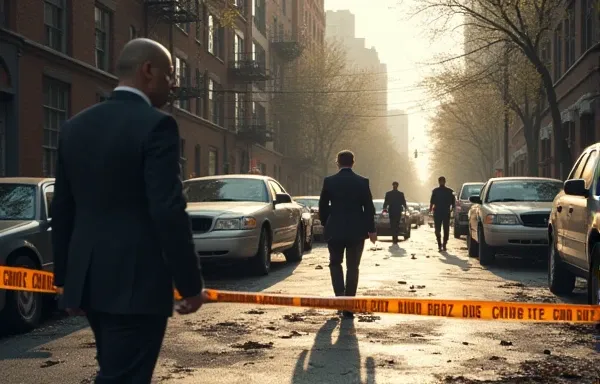 "An aftermath scene showing a quiet street with bullet-ridden cars, shattered windows, and crime scene tape blocking the area. Investigators in suits and police officers in uniform inspect the scene. The mood is somber, with sunlight casting long shadows a...