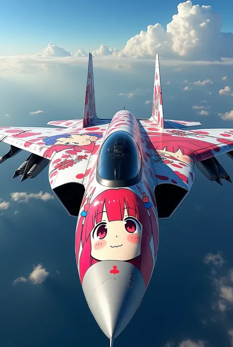 Draw cute detailed animated images on the surface of the  fighter aircraft、Stealth fighter 、Draw on the aircraft with wrapping art depicting detailed Japanese anime girls、 A cute girl with red hair and a twin-tail hairstyle is drawn with wrapping art、Pictu...