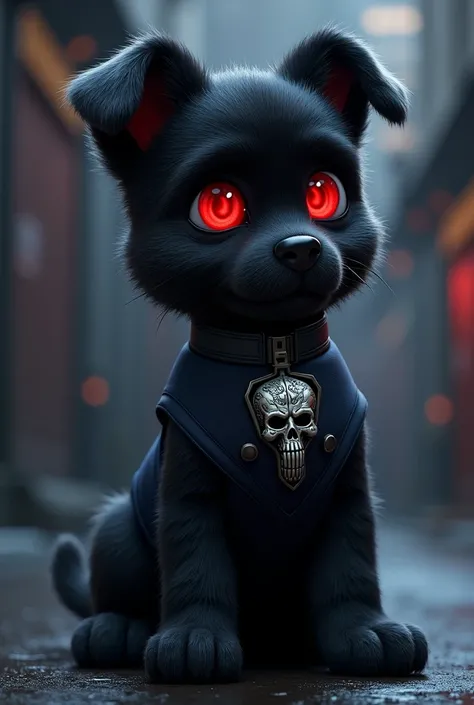 Paw Patrol style black fur puppy with police uniform and would have a skull on his collar, Change the color of the irises to red and improve the skull also increase the size please 