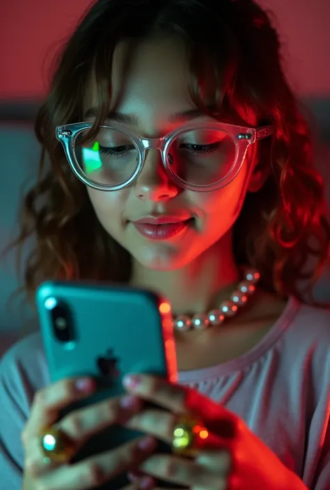 A potrait of a teenage girl wearing transparent glasses, holding her iphone with a phone cover that has decorations, the girl has got two large transparent rings in her fingers with butterflies. The girl is wearing a a transparent neckless that is made out...