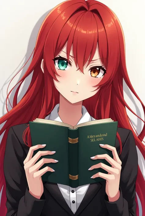 Anime girl without emotion holding a book in her hands.  long red hair ,  different-colored eyes ,  birthmark under the eye .  