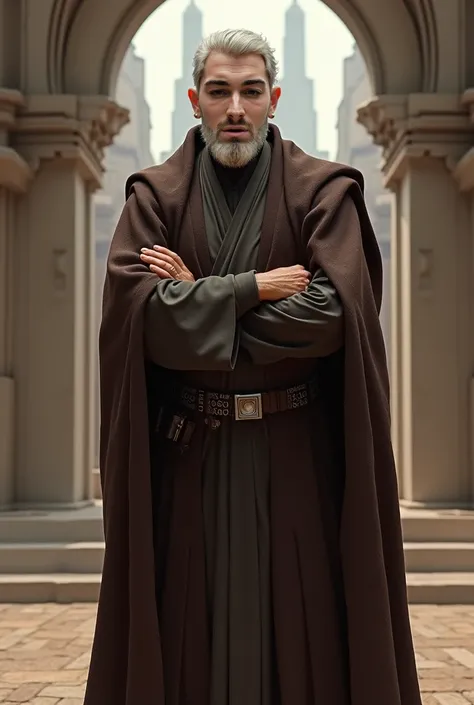 Make this man a Jedi wearing dark-brown robes standing with his arms crossed on chest and Jedi Temple in the background