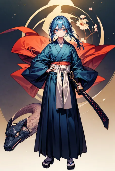  full body。Japanese man with blue hair 。 and the eyes are big。 wear a Japanese haori hakama and put a sword around your waist。The pattern on the kimono is a snake motif 。