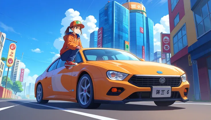 Unreal engine 5 game scene, an anime girl riding her electric unicycle through downtown city on the road in car game adventure against the futuristic city background, cars burst speeding effects, CG graphics, adventure car game world environment, thirds pe...