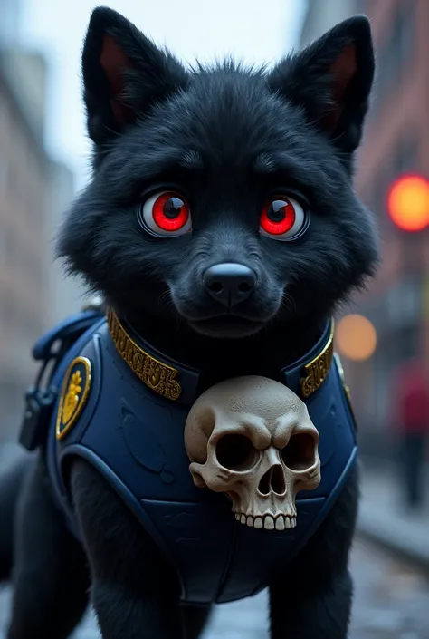 A Paw Patrol style black fur wolf wearing a police uniform and wearing a skull on its collar, Change the color of the irises to red and improve the skull also increase the size please 