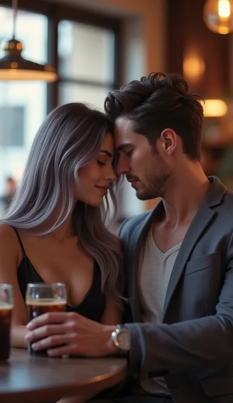 A beautiful woman with long hair in gray-purple is sitting relaxed with a cool handsome guy in a cafe bar Professional living  , 4k, HD, UHD, 8K,  High detail ,        ultra definition 