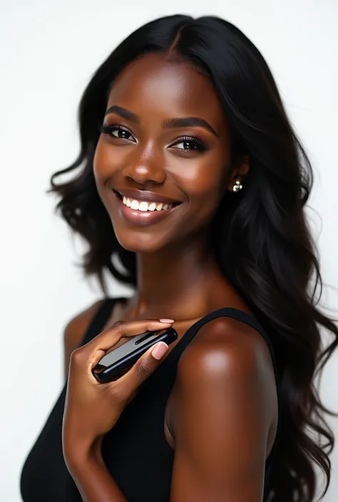 Portrait of a beautiful young African American woman holding a phone isolated on transparent background PNG