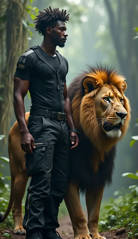 Imagine a 24 year old male, dark skin African with shaggy afro hair, standing alongside a lion in a highly realistic style. the male is dressed in cargo pants and a t-shirt , black suit with distinctive silver accents, exuding strength and agility. He stri...