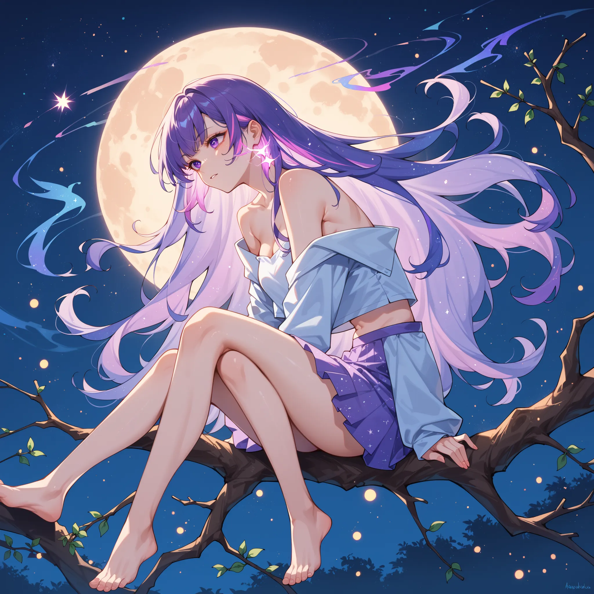 Fraction_9, Fraction_8_up, Fraction_7_up, source_ Japanese Cartoons,
 neon smoke {x} surrealism, 
1 Girl, Korean Idols,  long hair , Fluttering ,Glowing hair, 
  night view,The moon in the sky,Purple hue,starry night, fantastic vibe ,Glowing Edges, Mystery...