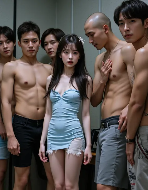 (NSFW), dynamic,
realistic, Press photo, Documentary Technique, Very clear image,HDR,
(full body visible:1.5), 

1girl, 3guy,

A Korean beauty idol is captured by a korean gang and surrounded by men who look like theyre ruthless,
The girls are smaller than...