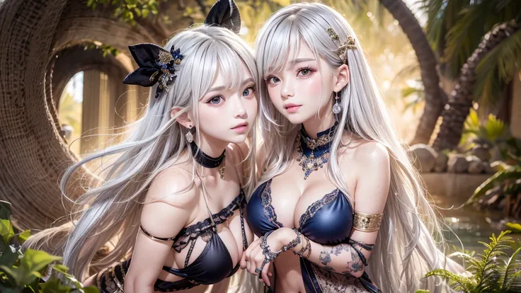 ((Princess of the Desert Kingdom theme:1.5)), ((In front of a spring in a desert oasis at night:1.5)), ((Under the blue moon and starry sky:1.3)), ((beautiful starry sky)), BREAK, two sisters, (hug, presenting), ((18-years old)), (silver hair:1.5), reflect...