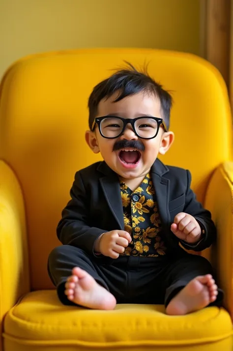 ((best quality)), ((masterpiece)), (detailed), perfect face, In the warmth of a vibrant yellow chair, a cute Malay baby laughs. wearing black glasses, with a mustache The boy, dressed in a bright and patterned black suit, exudes pure and innocent joy. With...