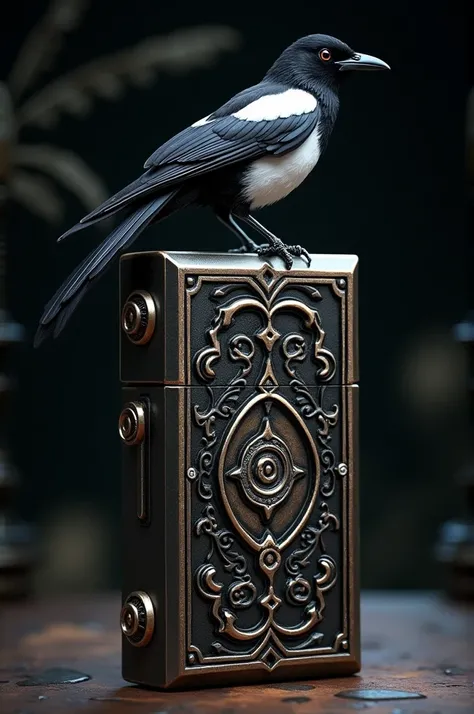 Gothic rectangular lighter with many details and with a magpie 